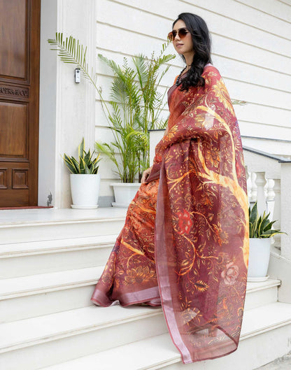 Ready To Wear Orange Silk Printed Saree