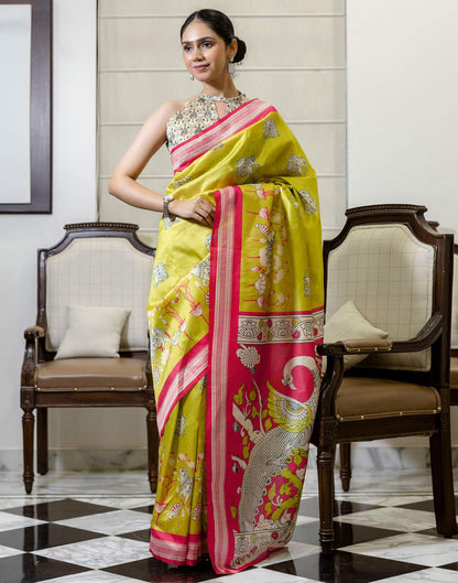 Ready To Wear Lime Green Silk Printed Saree