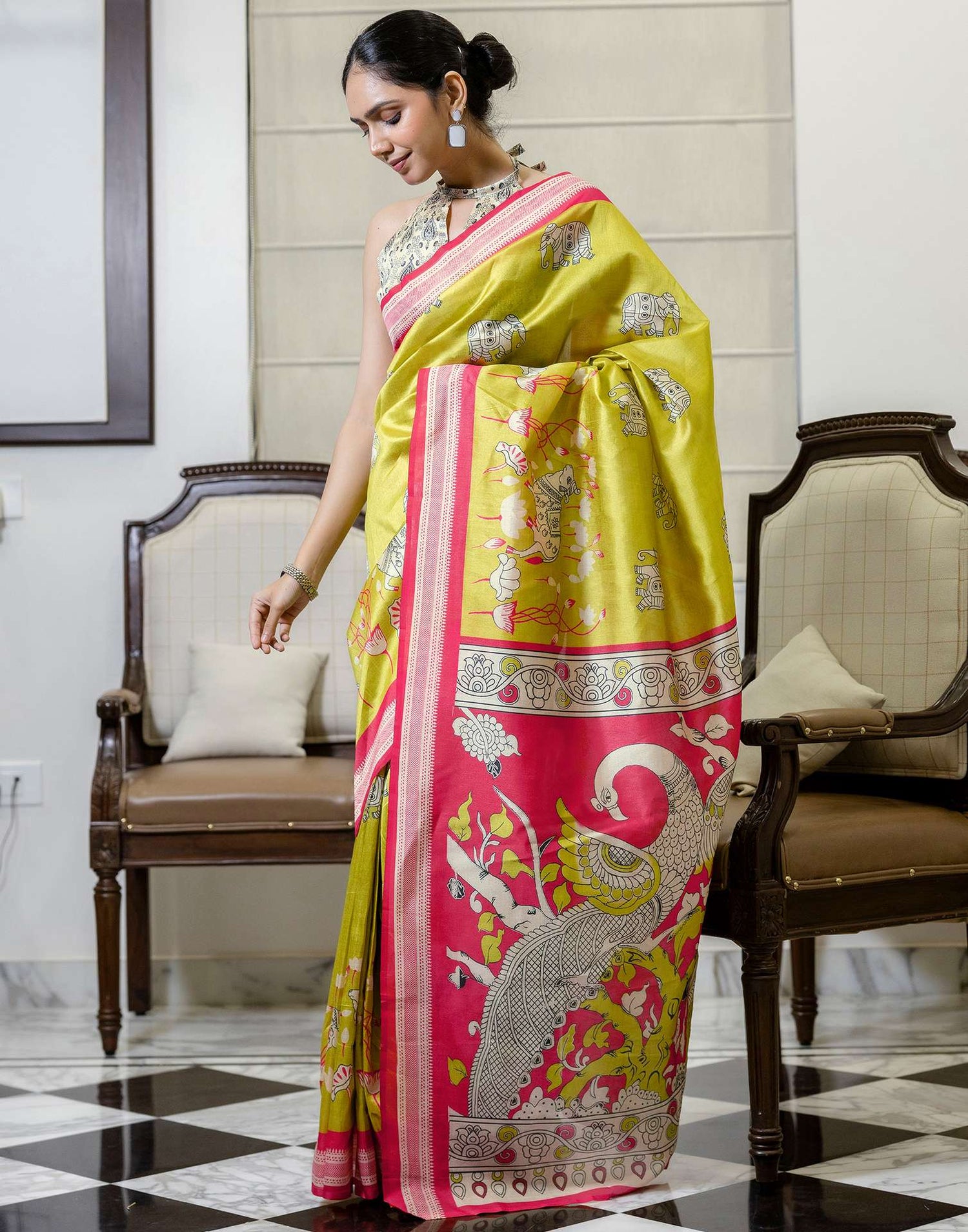 Ready To Wear Lime Green Silk Printed Saree