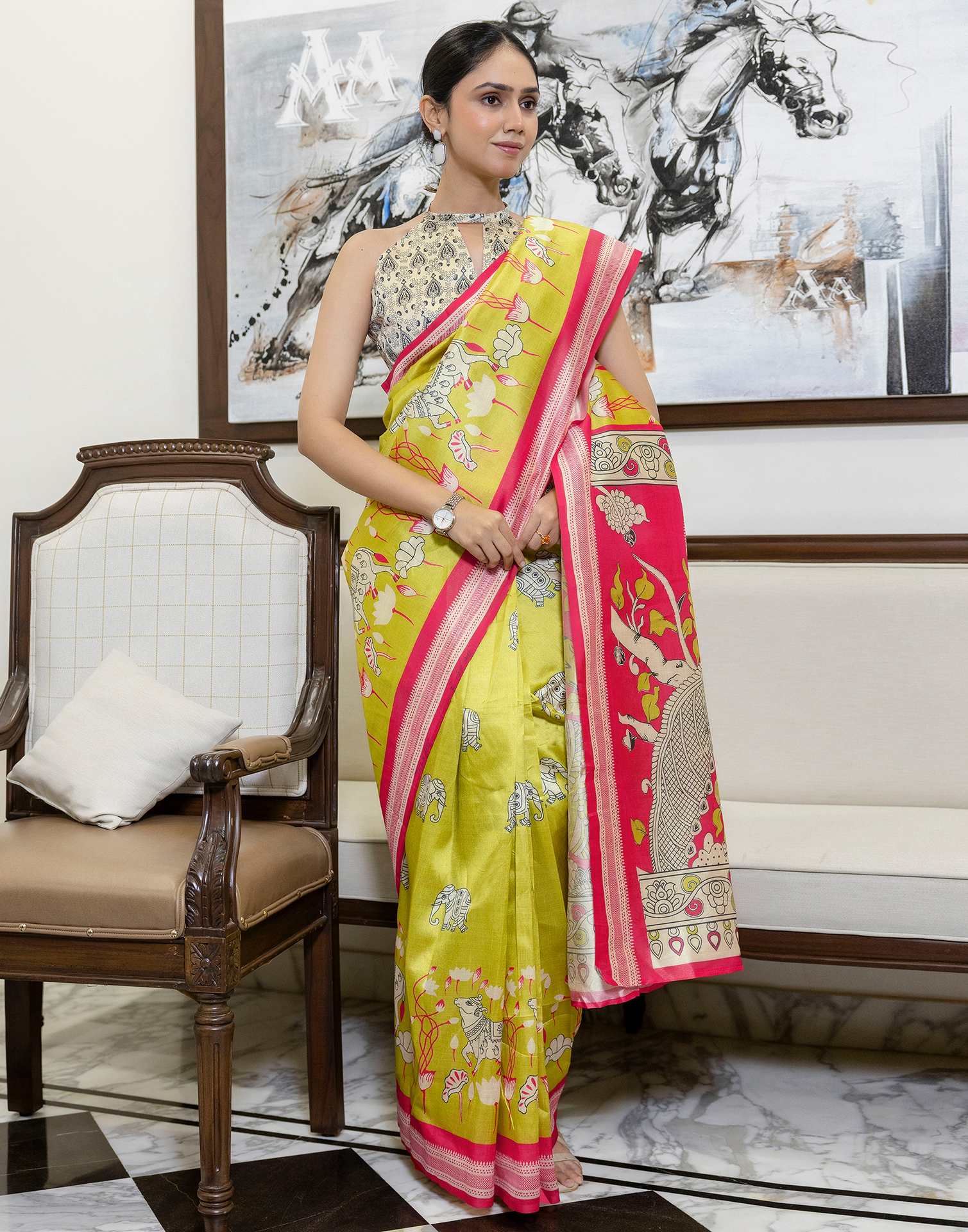 Ready To Wear Lime Green Silk Printed Saree