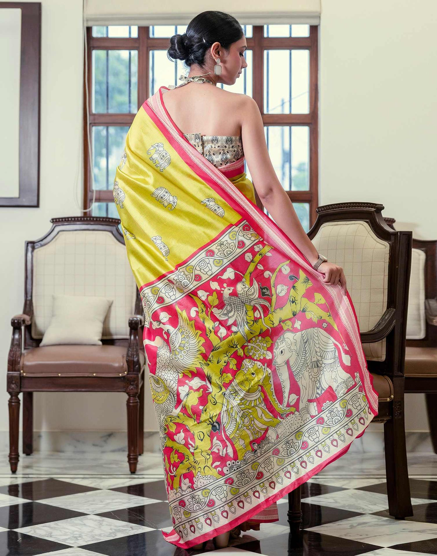 Ready To Wear Lime Green Silk Printed Saree