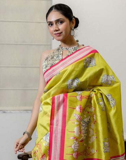 Ready To Wear Lime Green Silk Printed Saree