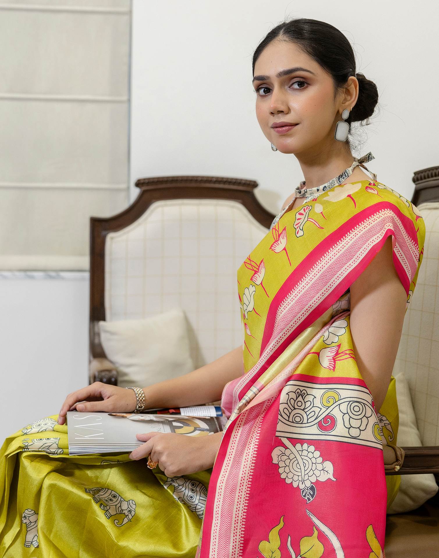 Ready To Wear Lime Green Silk Printed Saree