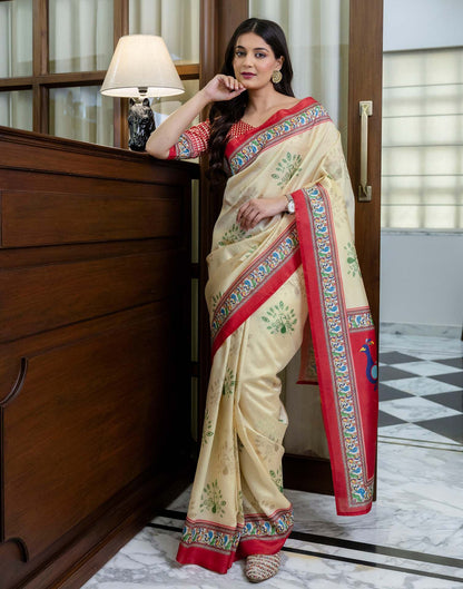 Ready To Wear Beige Silk Printed Saree