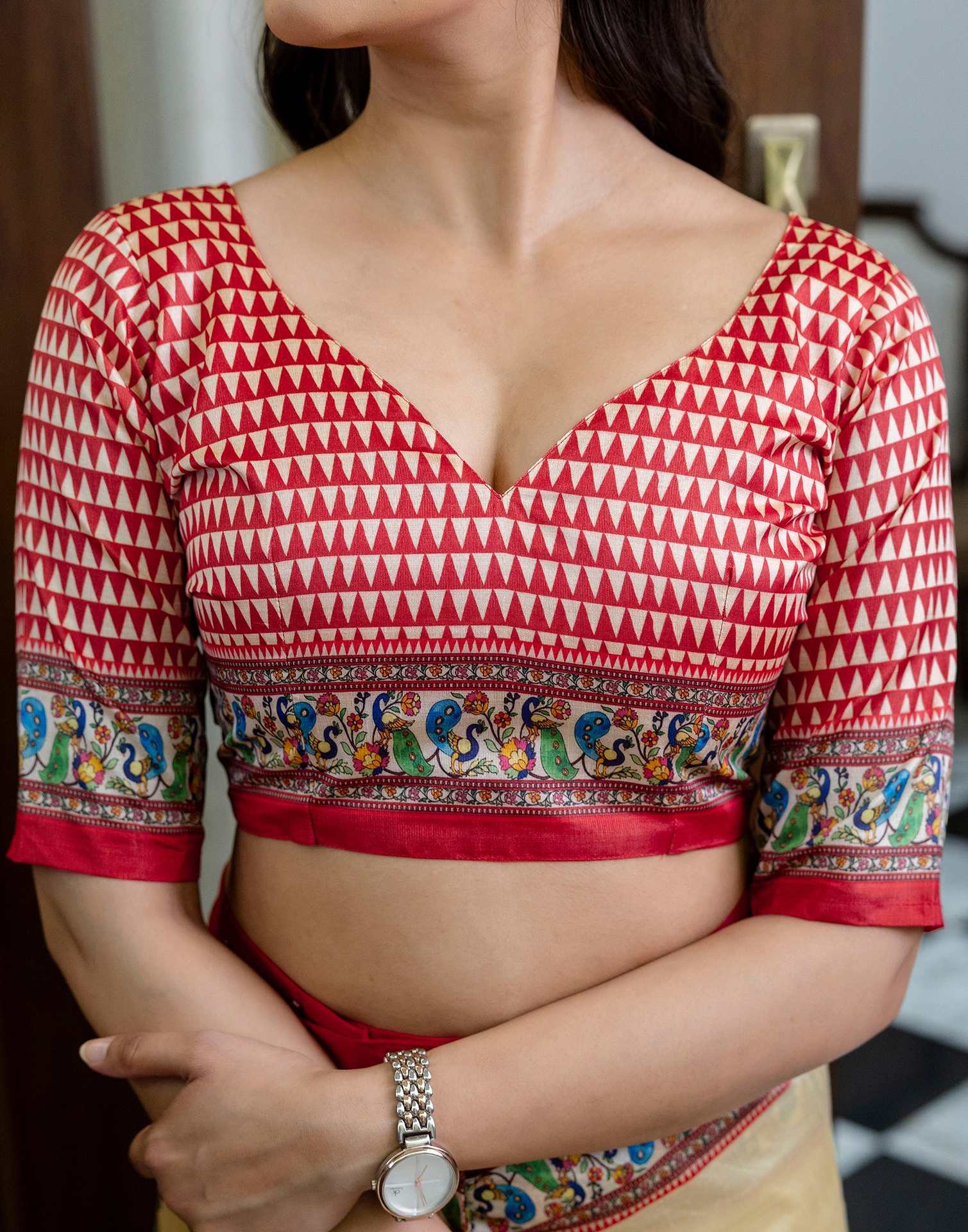 Ready To Wear Beige Silk Printed Saree