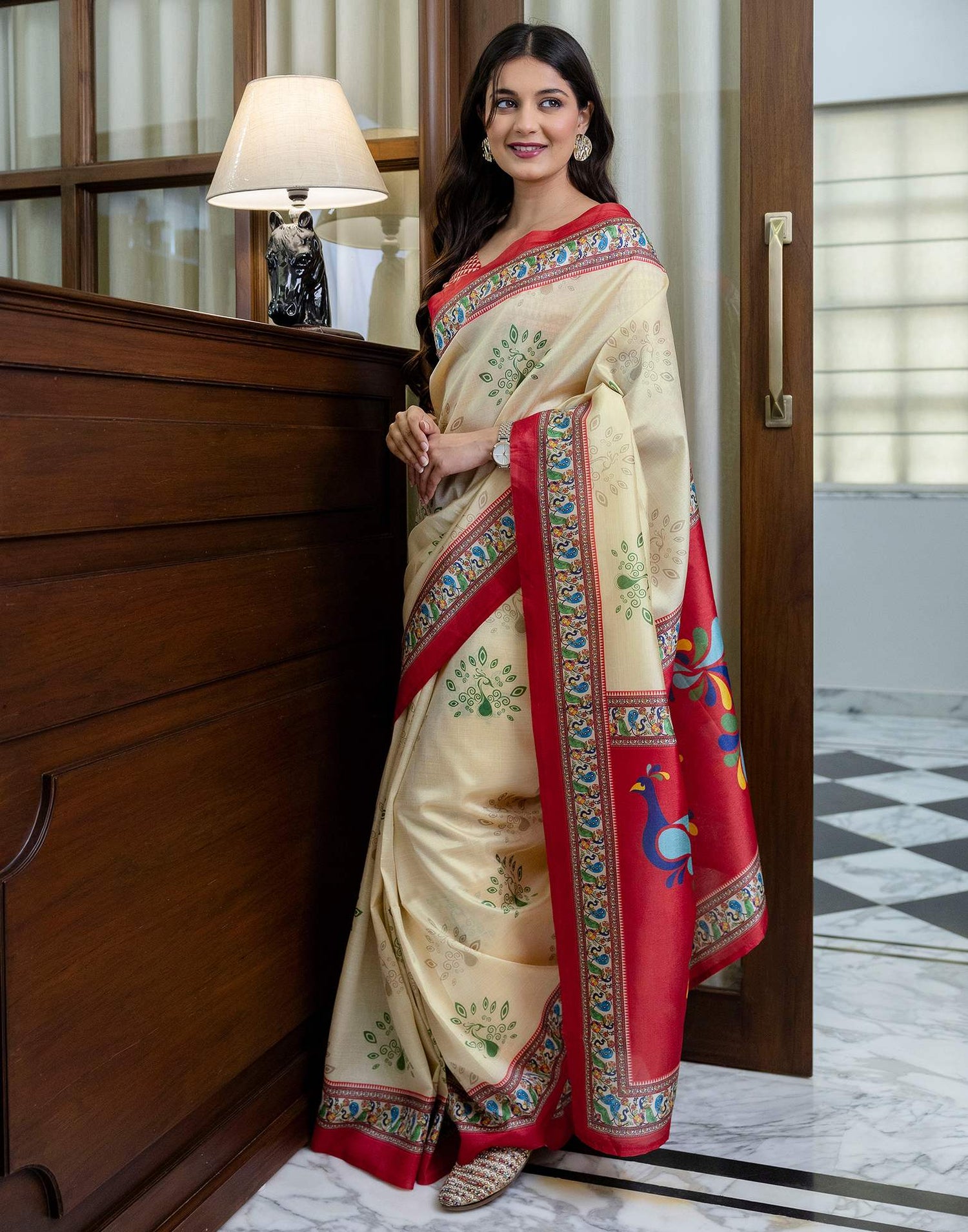 Ready To Wear Beige Silk Printed Saree
