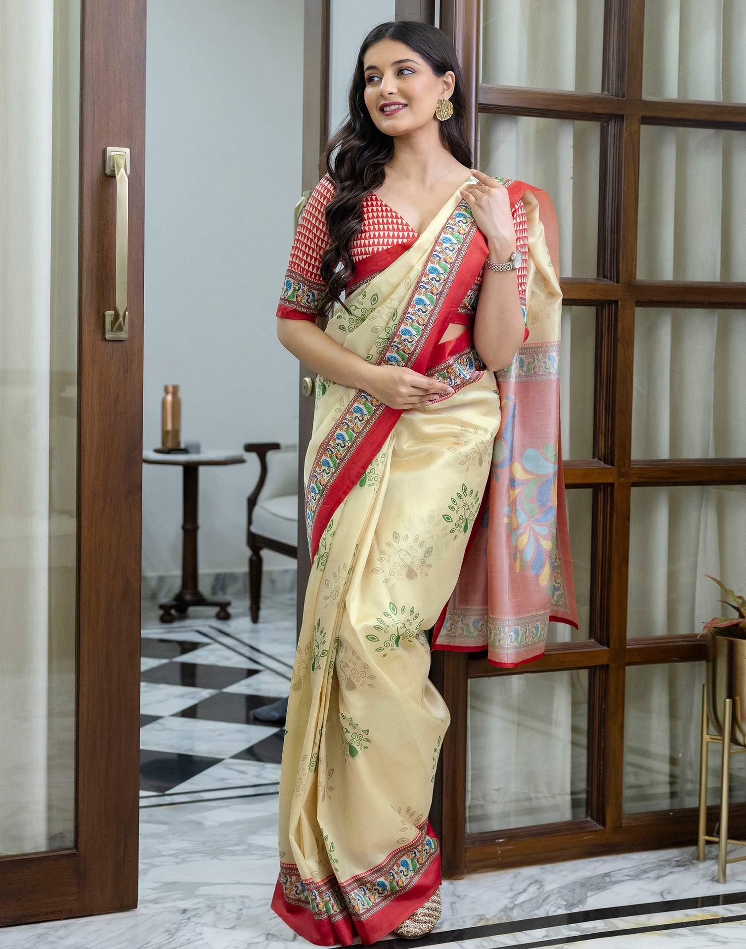 Ready To Wear Beige Silk Printed Saree