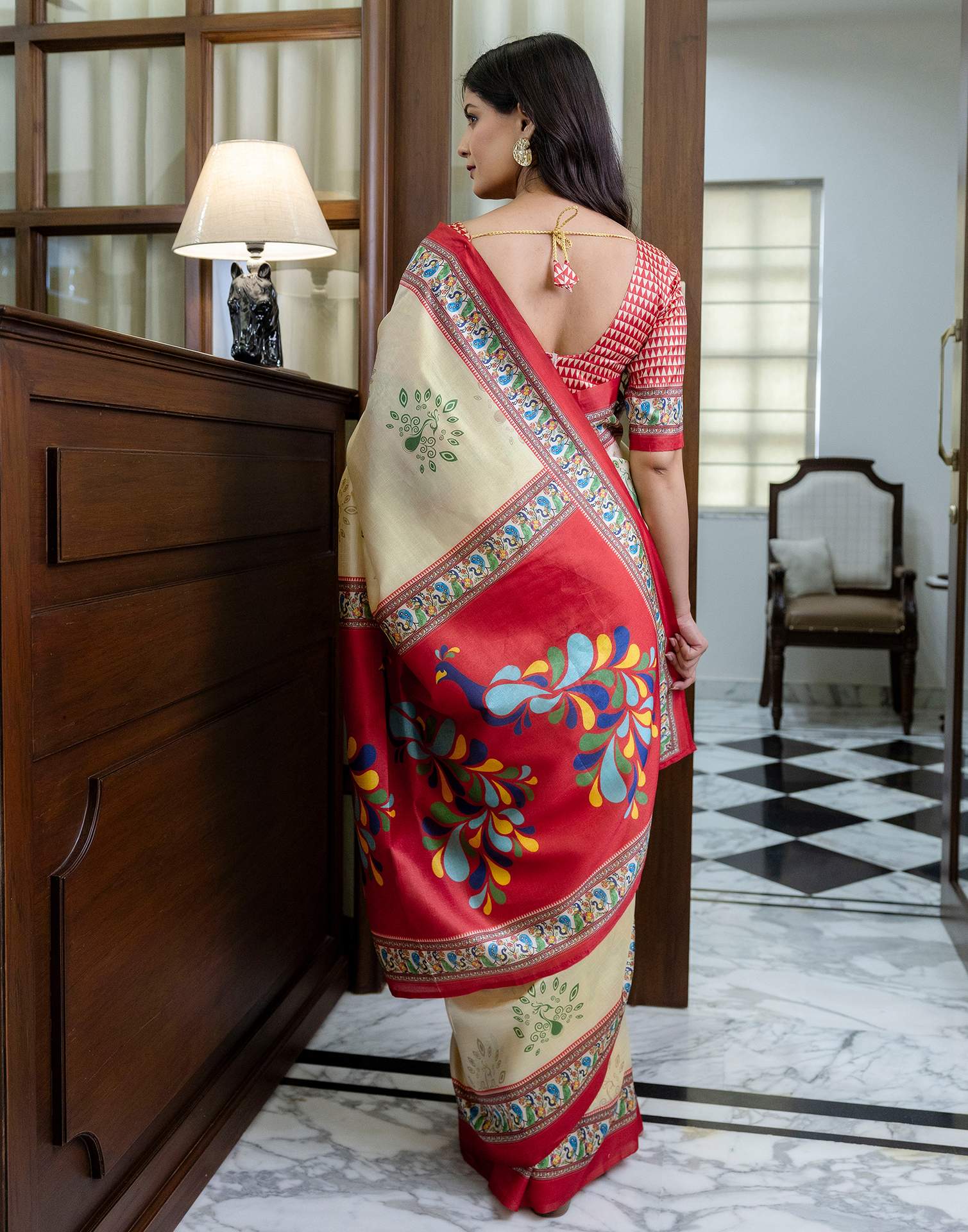 Ready To Wear Beige Silk Printed Saree