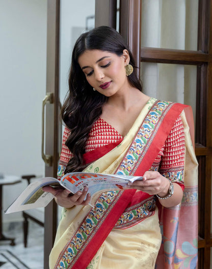 Ready To Wear Beige Silk Printed Saree