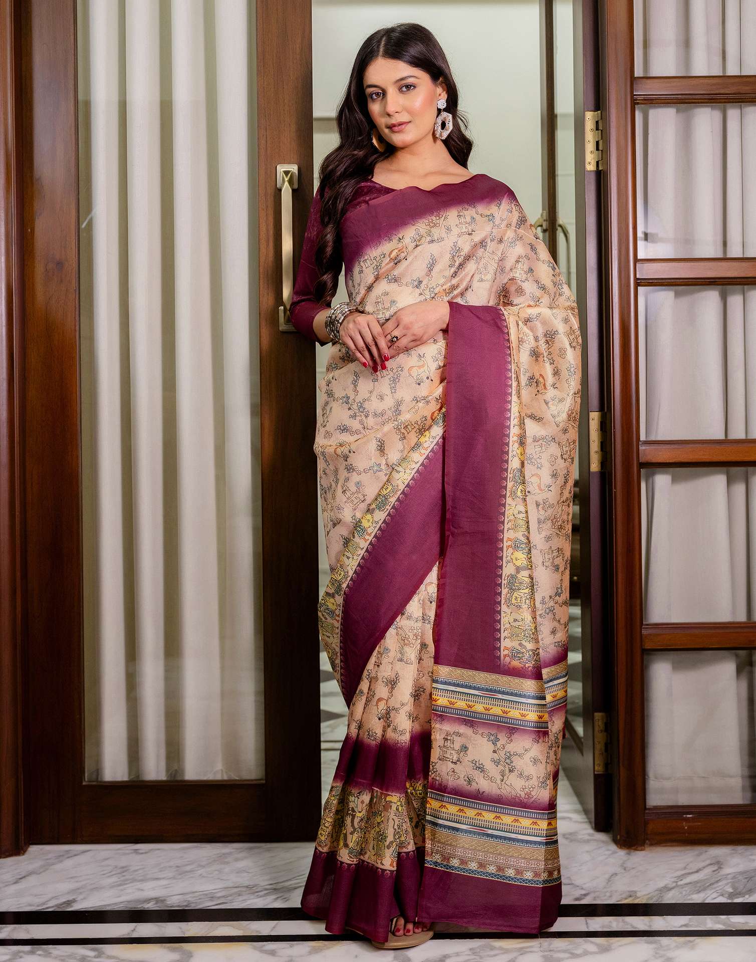 Ready To Wear Dark Beige Silk Printed Saree