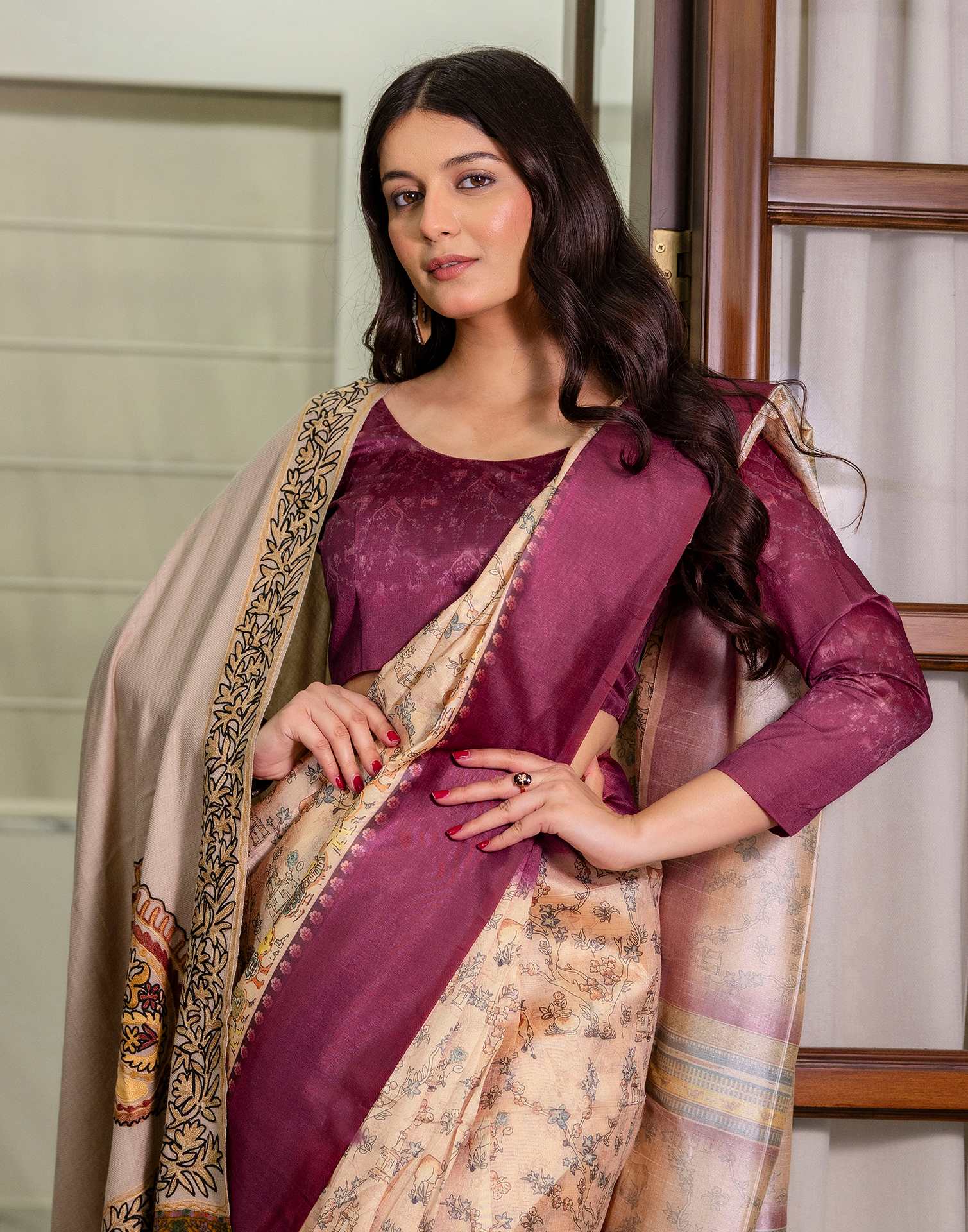 Ready To Wear Dark Beige Silk Printed Saree
