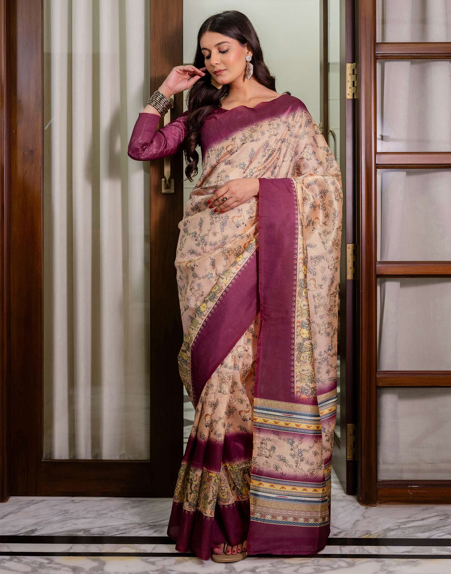 Ready To Wear Dark Beige Silk Printed Saree