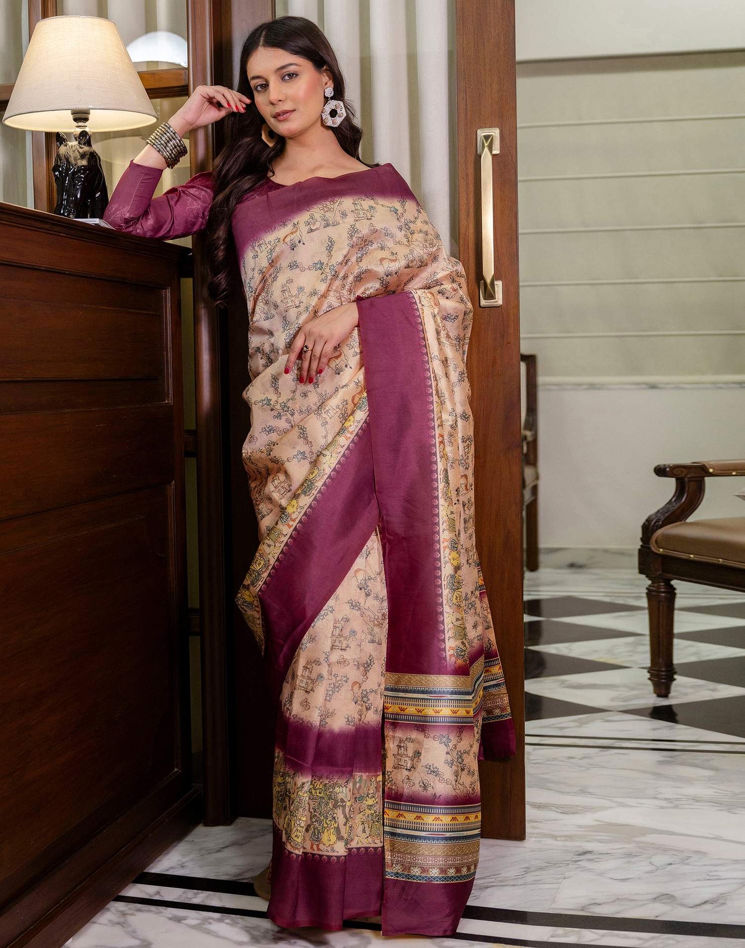 Ready To Wear Dark Beige Silk Printed Saree