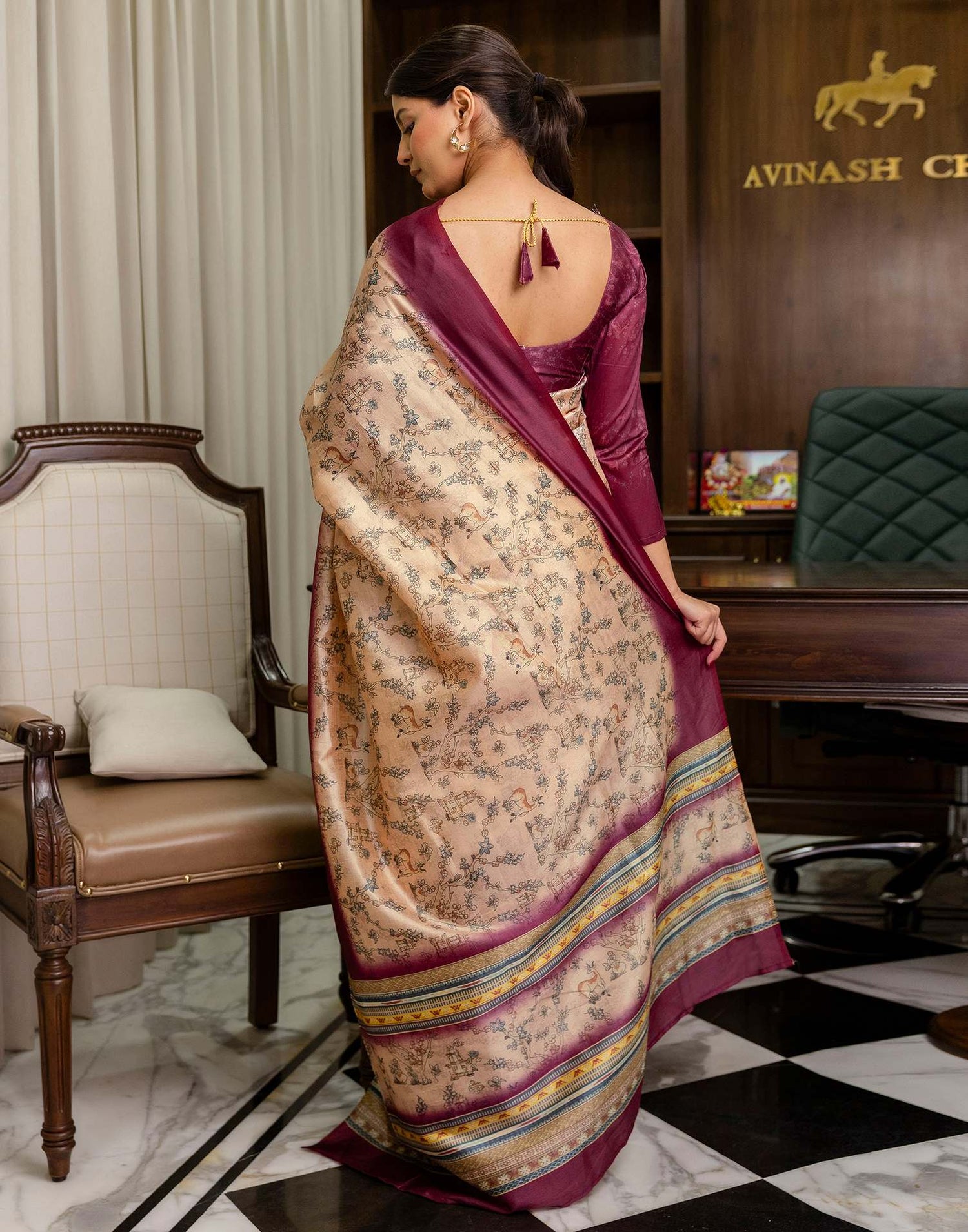 Ready To Wear Dark Beige Silk Printed Saree