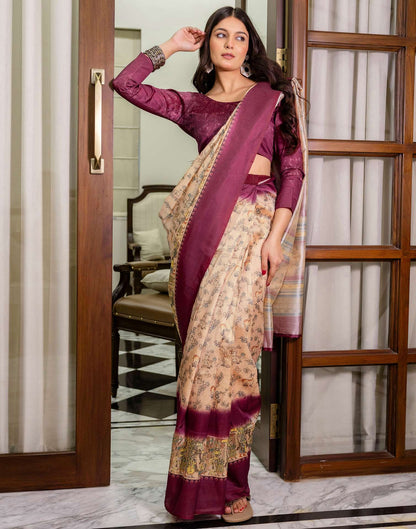 Ready To Wear Dark Beige Silk Printed Saree