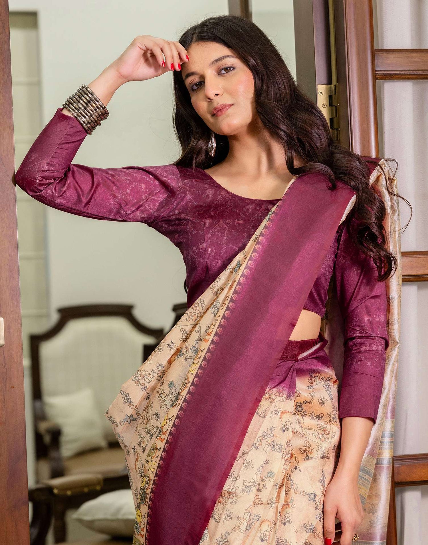 Ready To Wear Dark Beige Silk Printed Saree