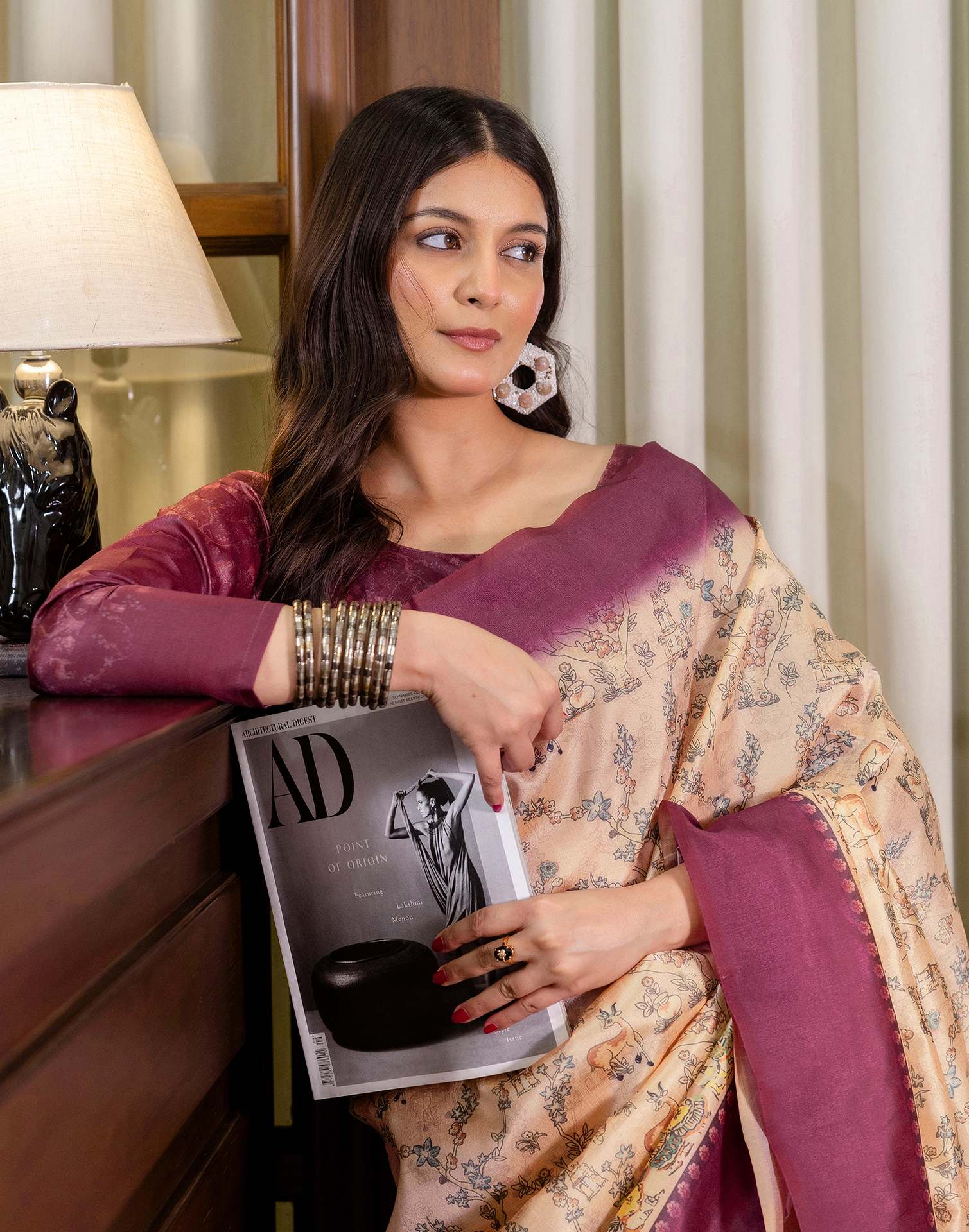 Ready To Wear Dark Beige Silk Printed Saree