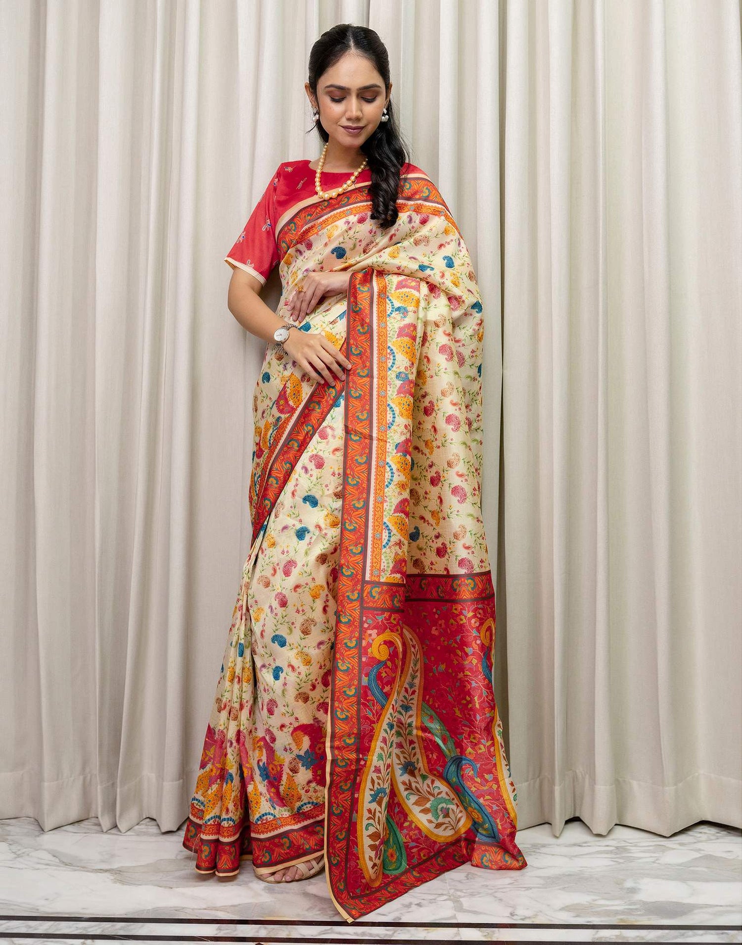 Ready To Wear Beige Silk Printed Saree