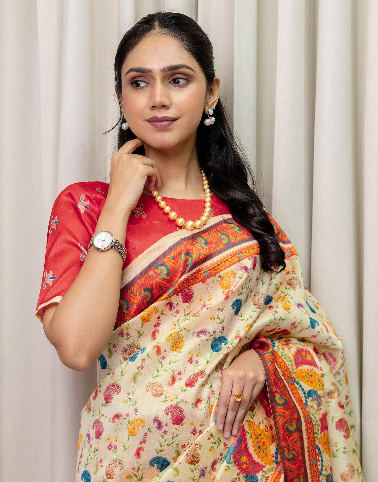 Ready To Wear Beige Silk Printed Saree