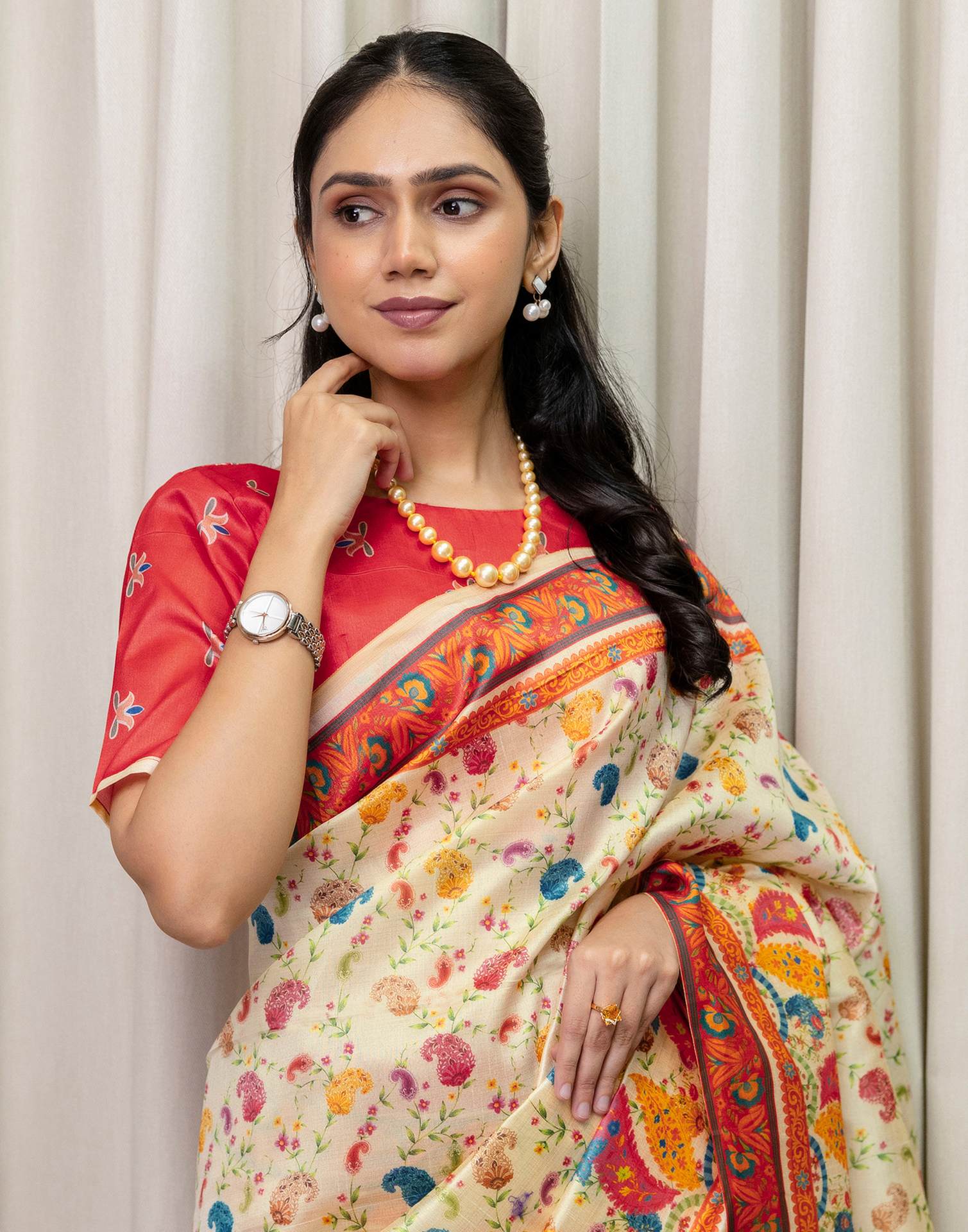 Ready To Wear Beige Silk Printed Saree