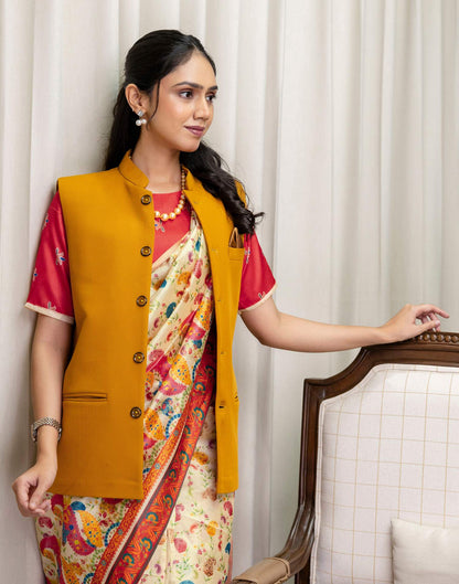 Ready To Wear Beige Silk Printed Saree