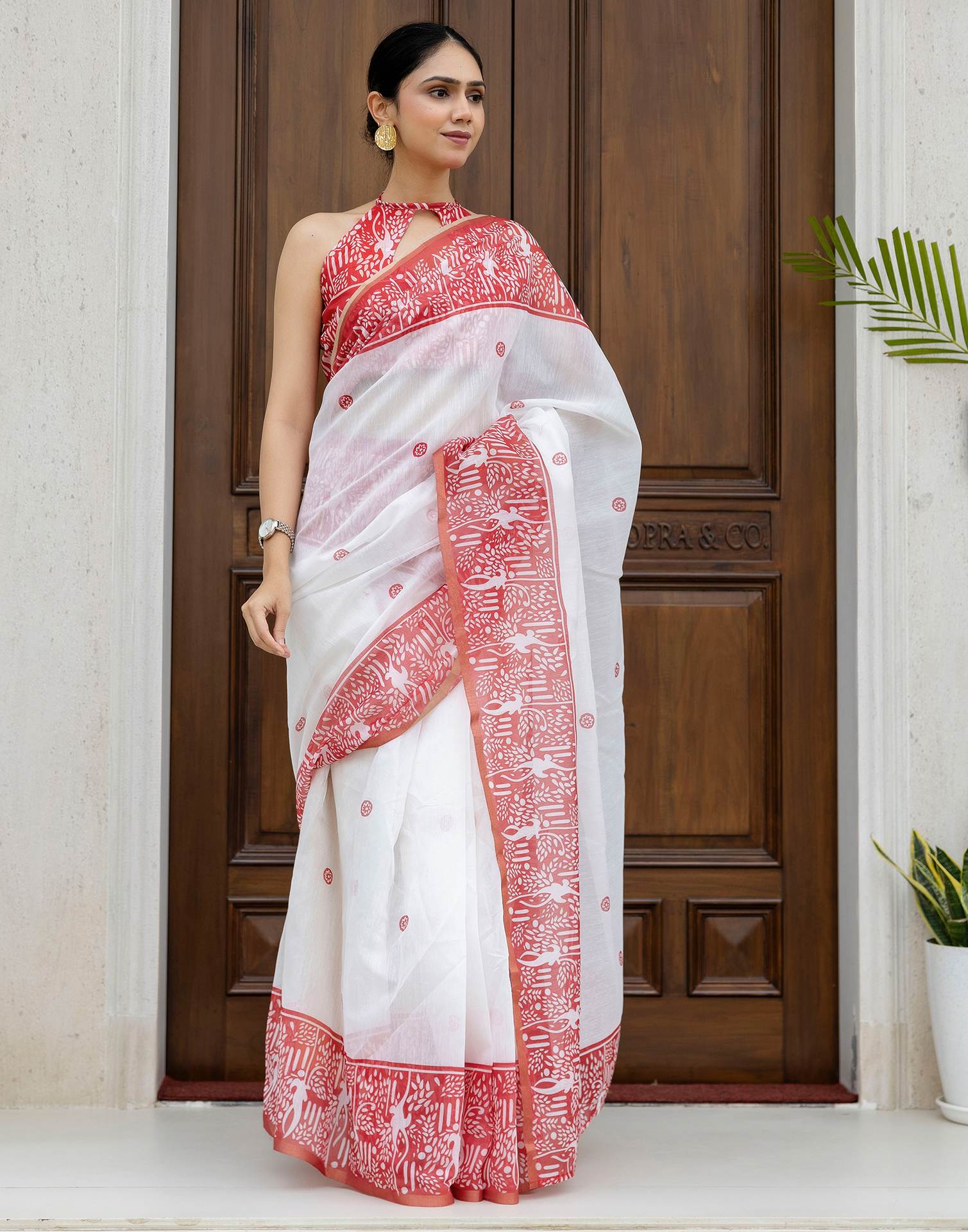 Ready To Wear White Linen Printed Saree