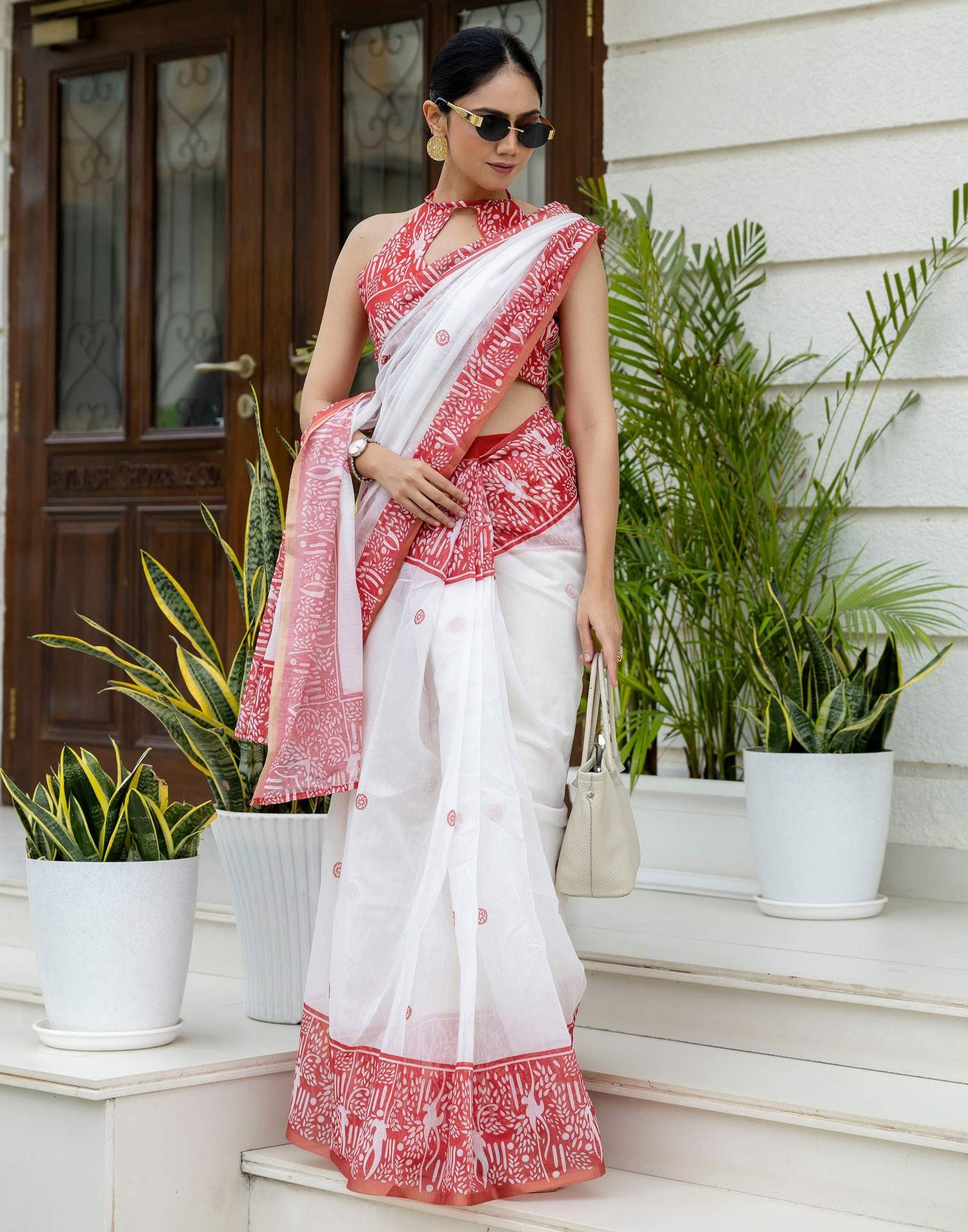Ready To Wear White Linen Printed Saree