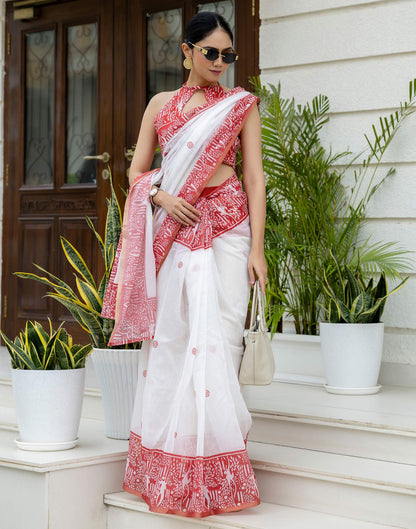 Ready To Wear White Linen Printed Saree