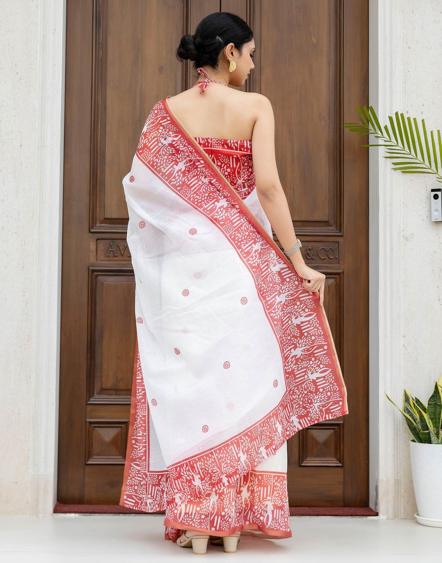 Ready To Wear White Linen Printed Saree