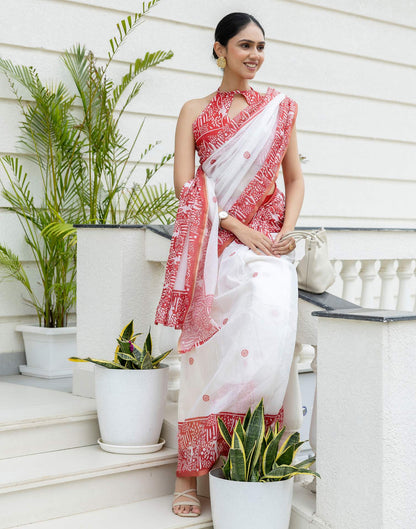 Ready To Wear White Linen Printed Saree