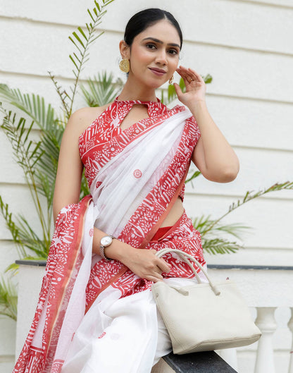Ready To Wear White Linen Printed Saree