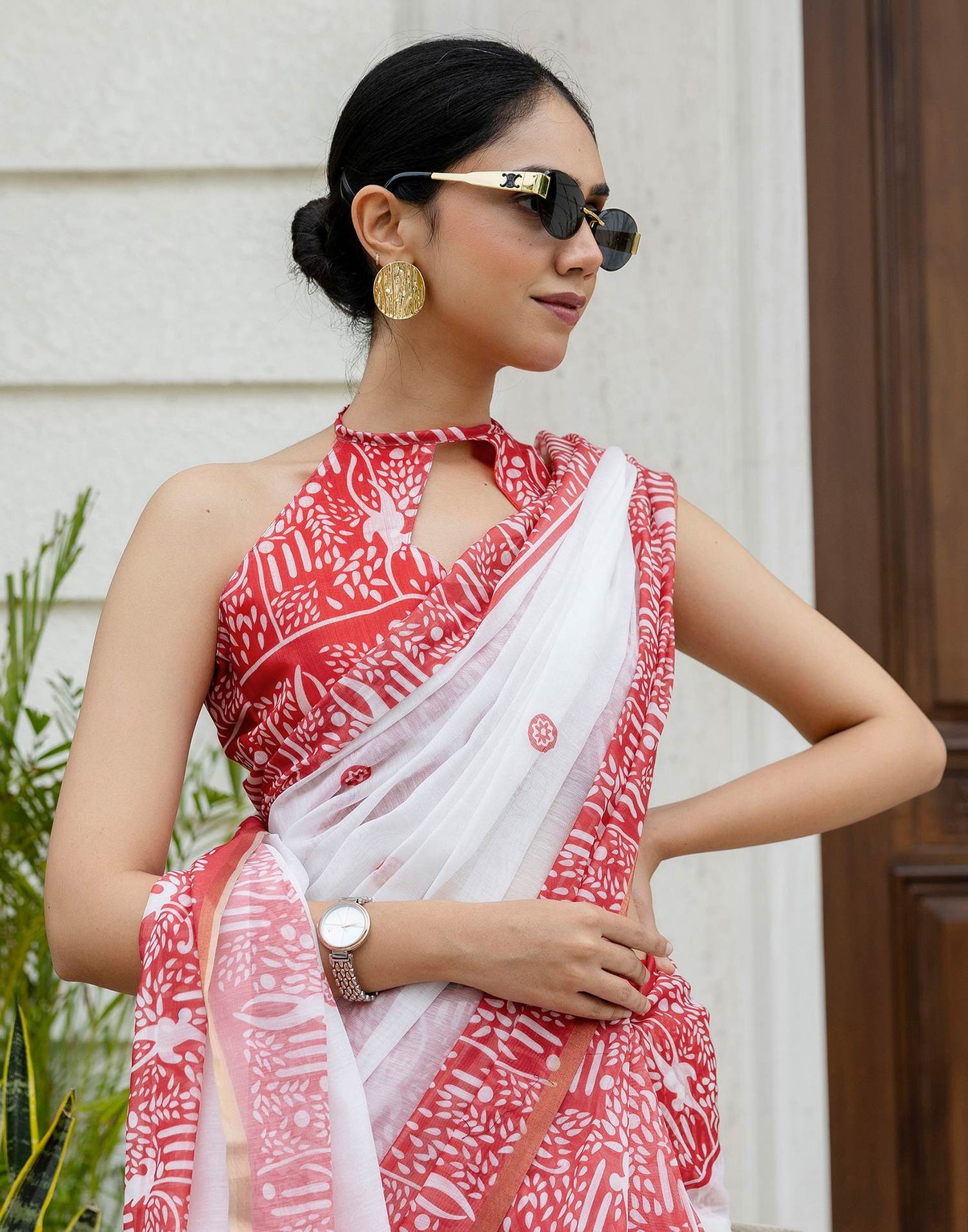 Ready To Wear White Linen Printed Saree