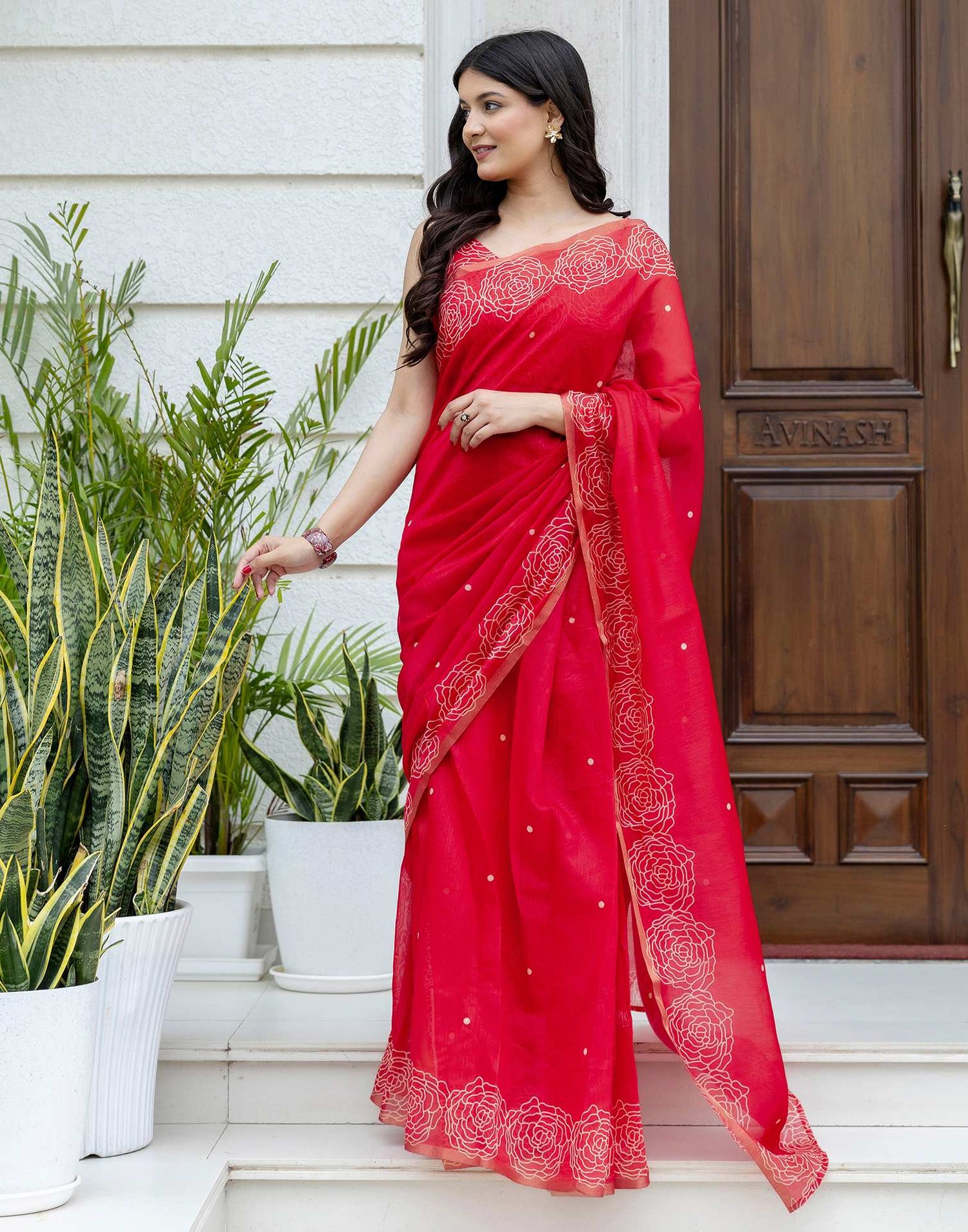 Ready To Wear Red Linen Printed Saree