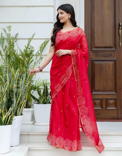 Ready To Wear Red Linen Printed Saree
