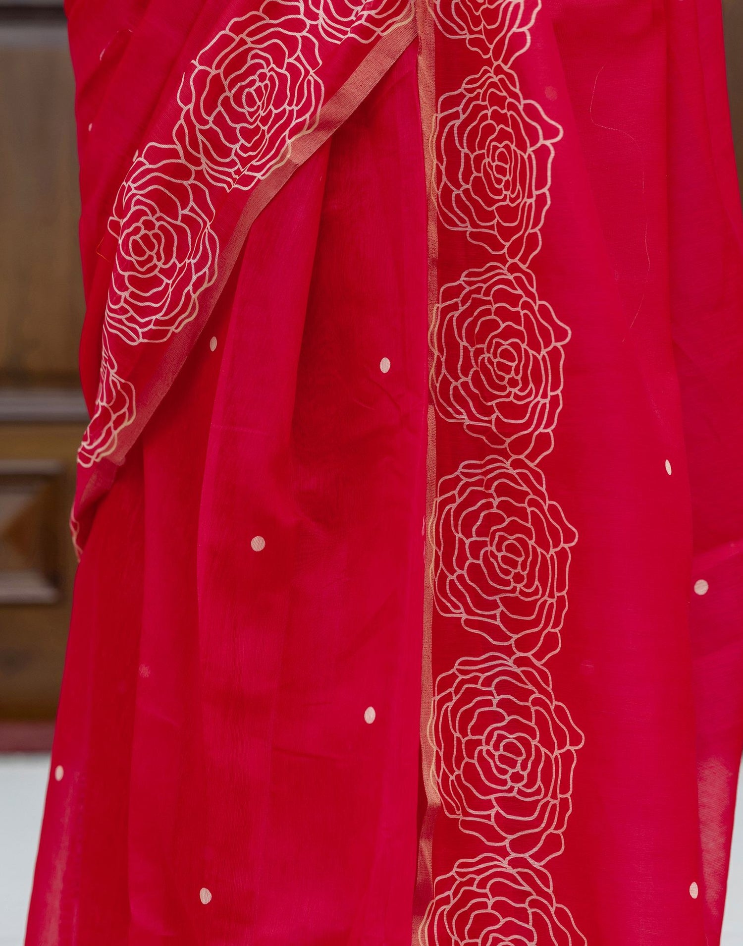 Ready To Wear Red Linen Printed Saree
