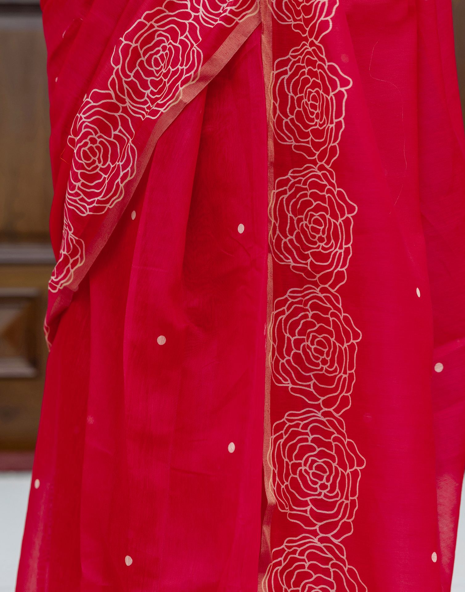 Ready To Wear Red Linen Printed Saree