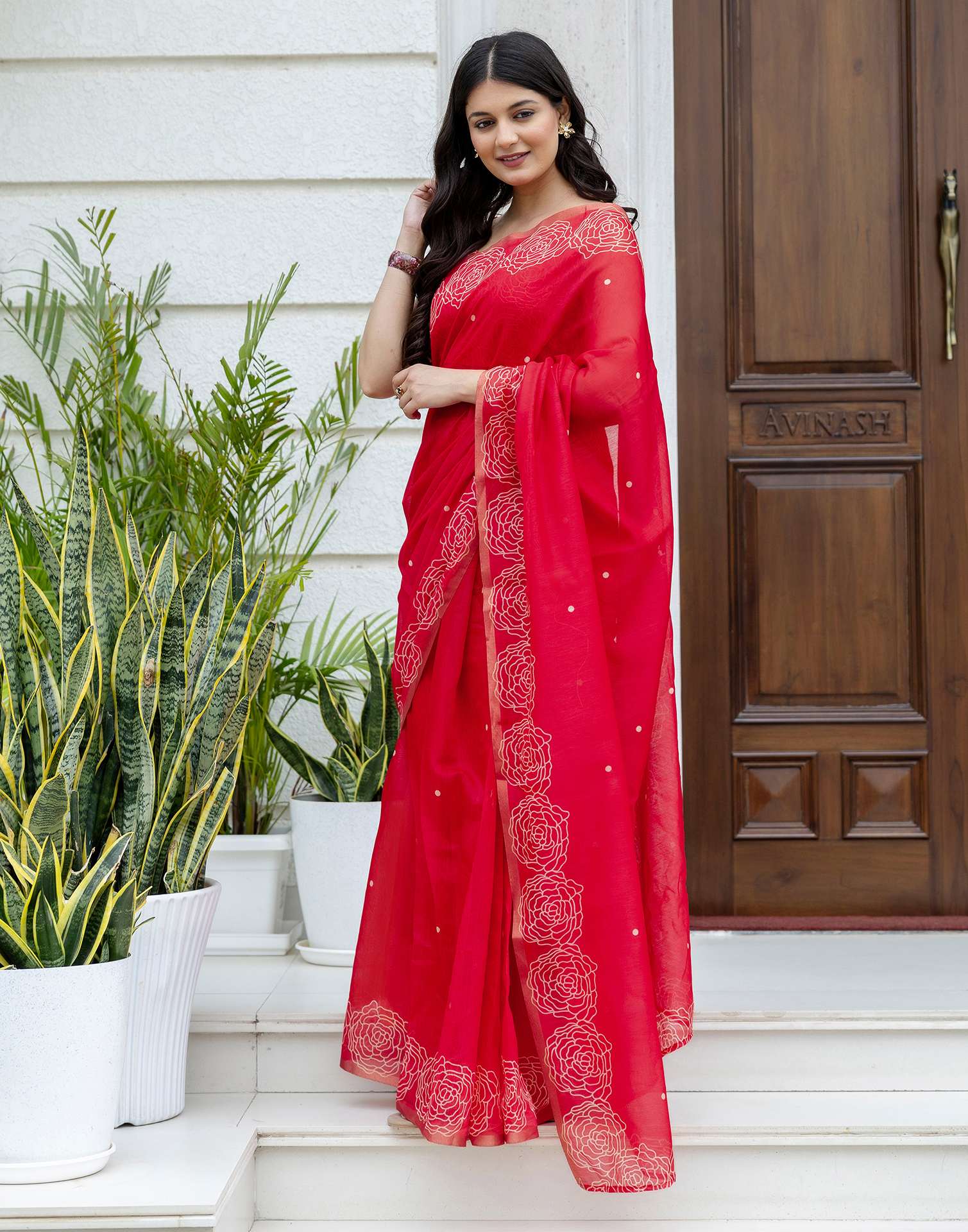 Ready To Wear Red Linen Printed Saree