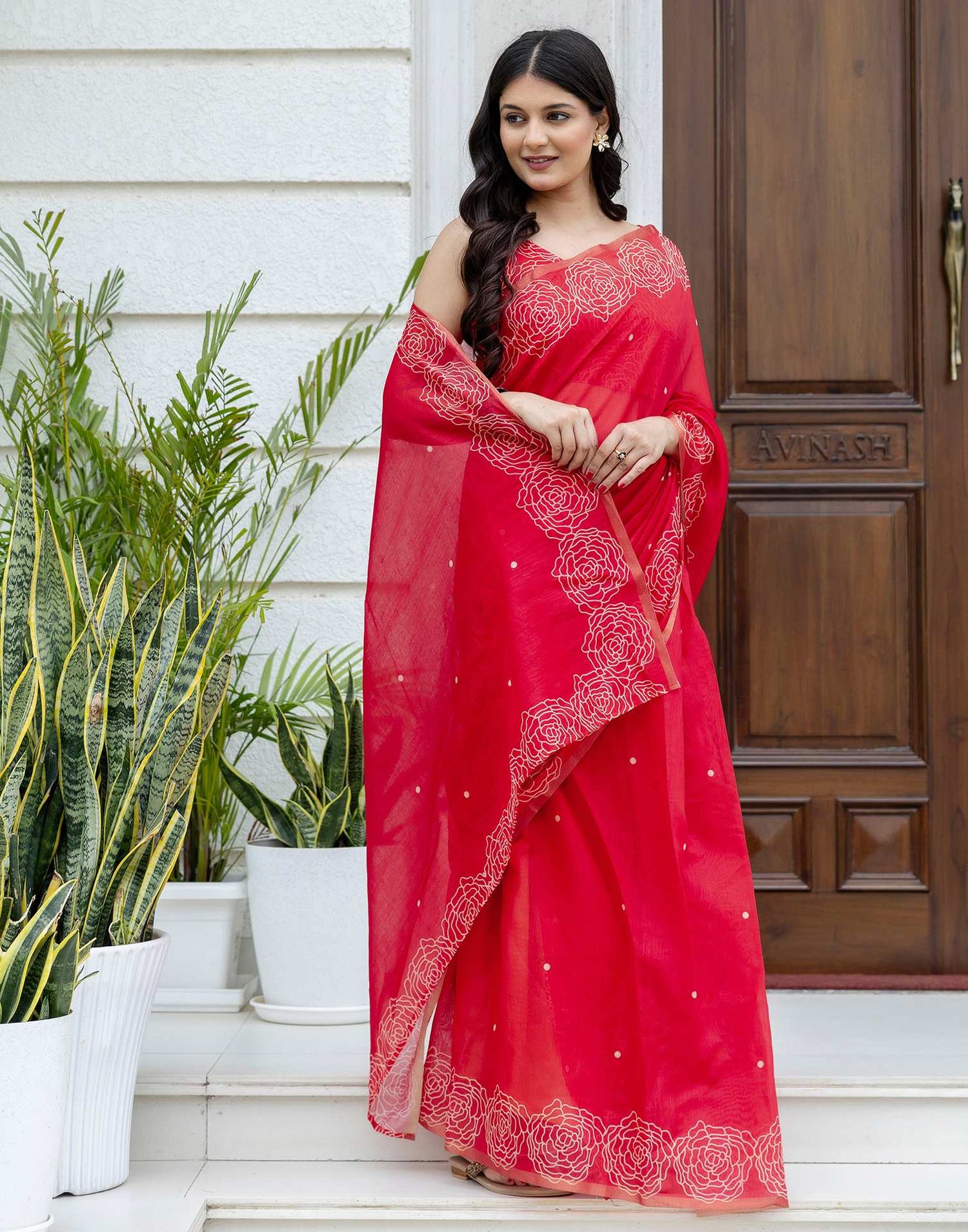 Ready To Wear Red Linen Printed Saree