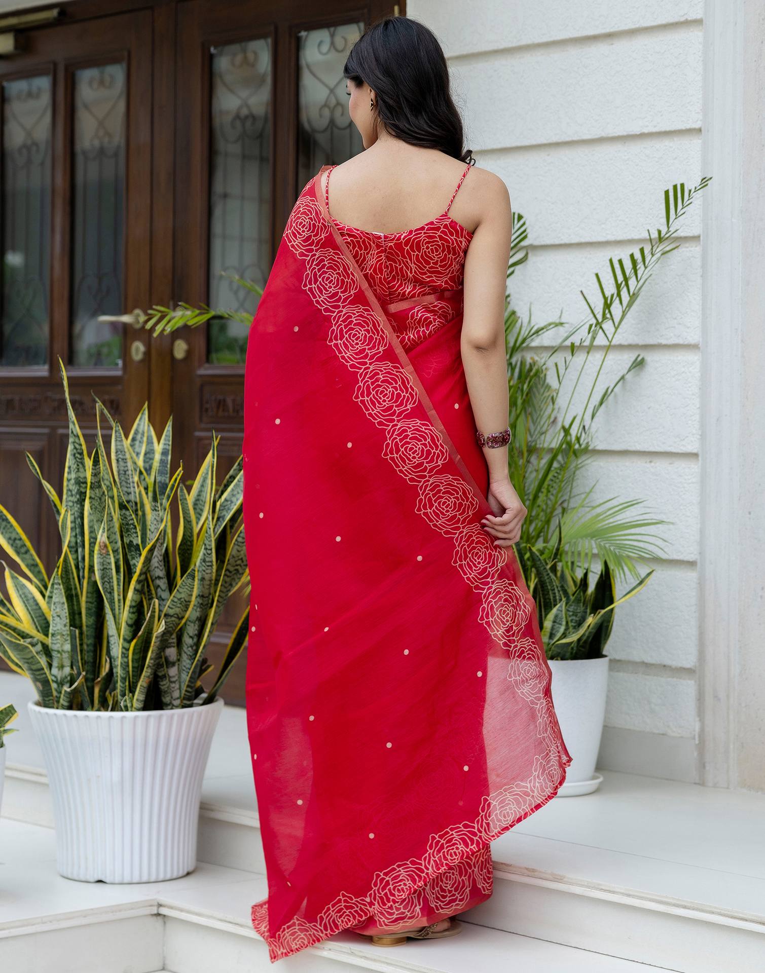 Ready To Wear Red Linen Printed Saree