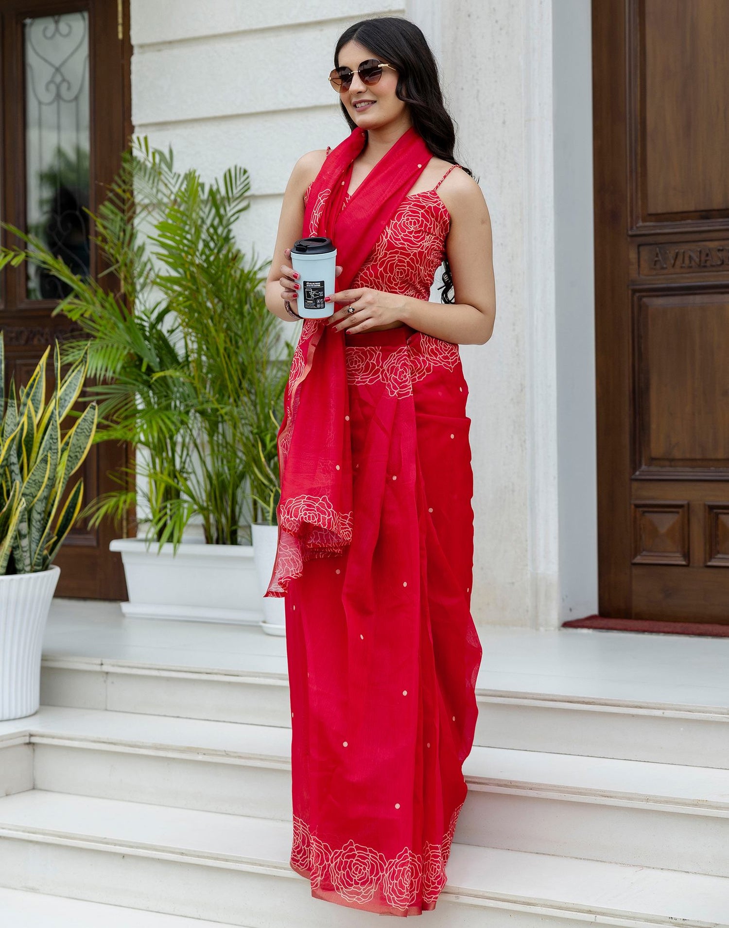 Ready To Wear Red Linen Printed Saree
