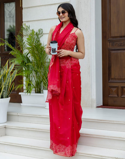 Ready To Wear Red Linen Printed Saree