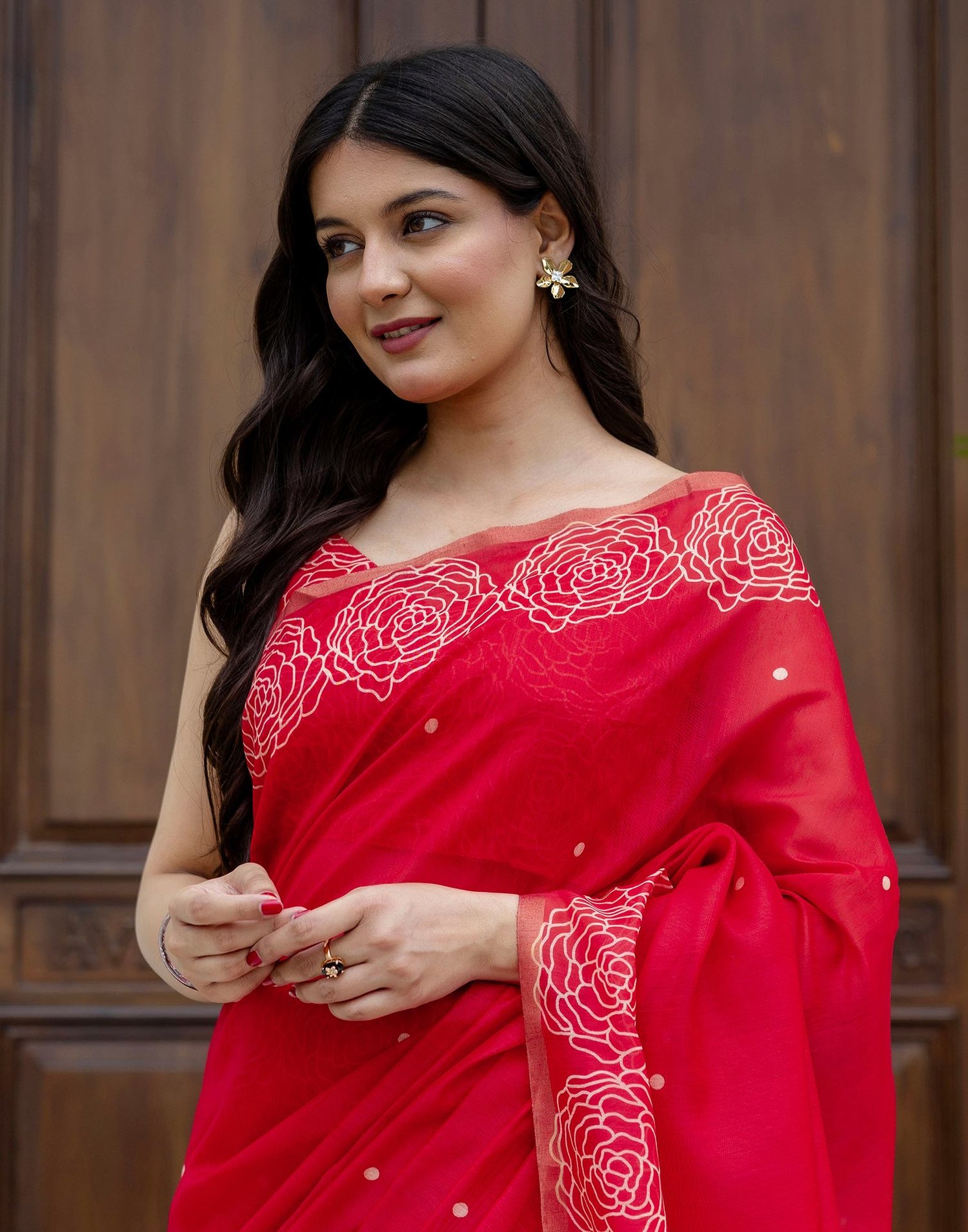 Ready To Wear Red Linen Printed Saree