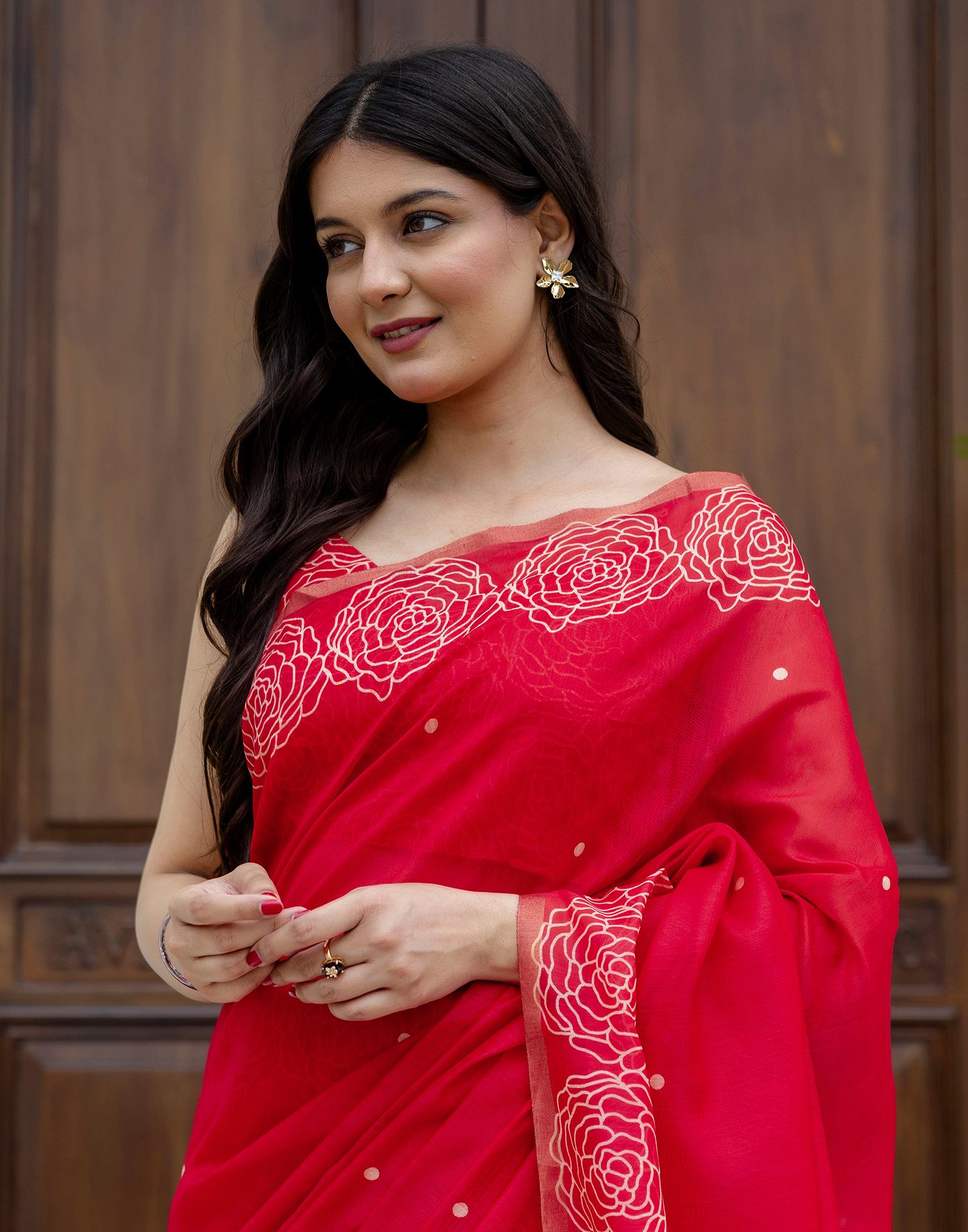 Ready To Wear Red Linen Printed Saree
