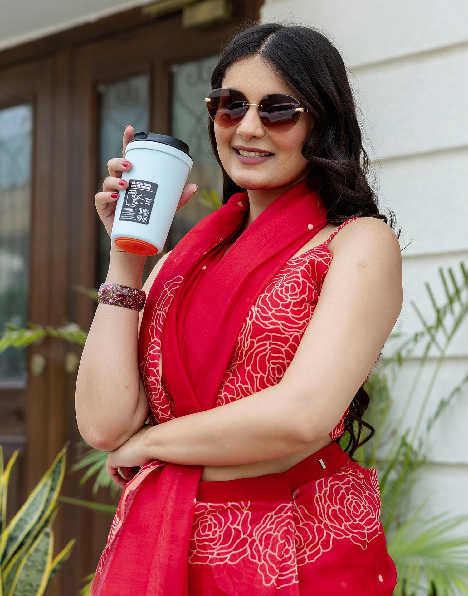 Ready To Wear Red Linen Printed Saree