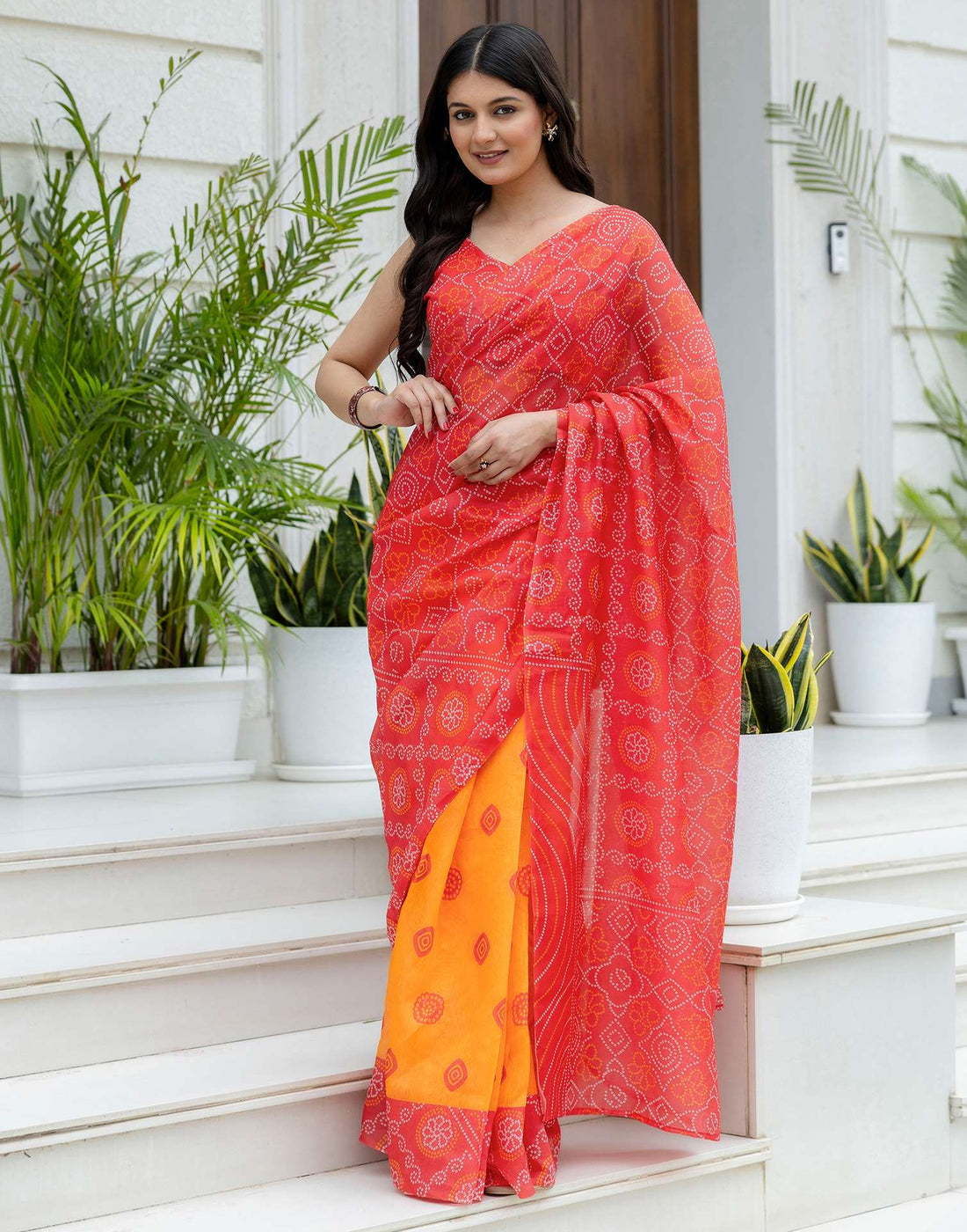 Ready To Wear Red Linen Printed Saree