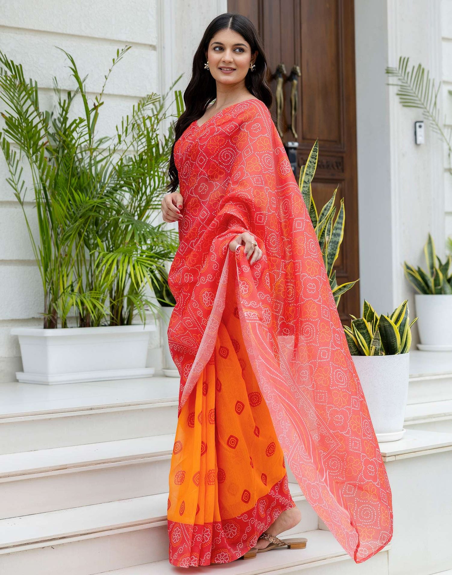 Ready To Wear Red Linen Printed Saree