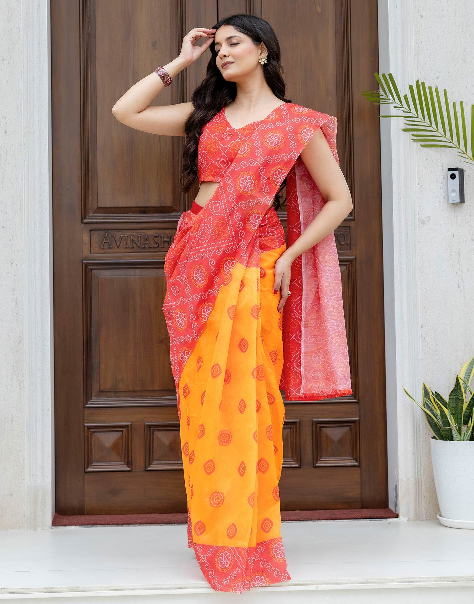 Ready To Wear Red Linen Printed Saree