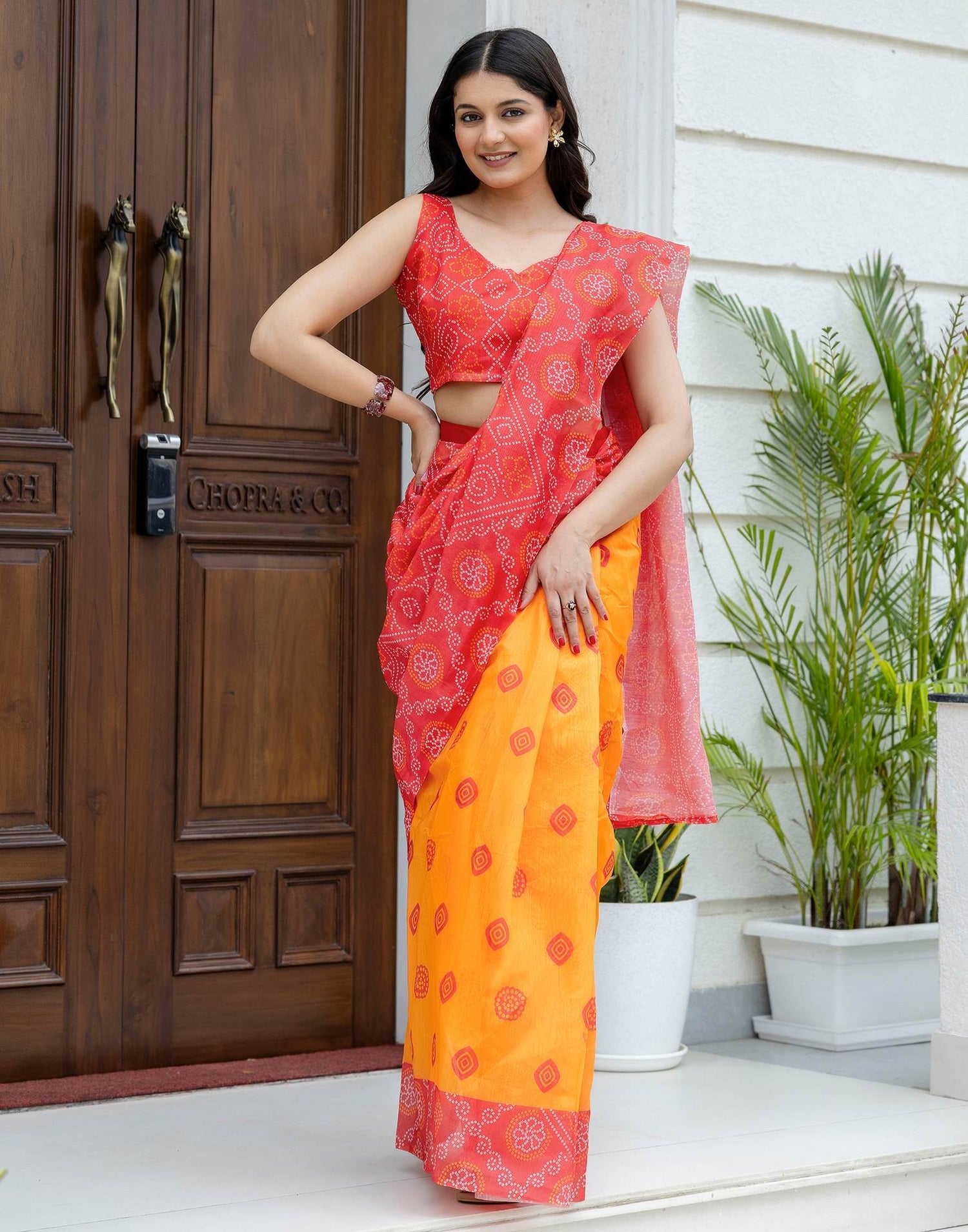 Ready To Wear Red Linen Printed Saree