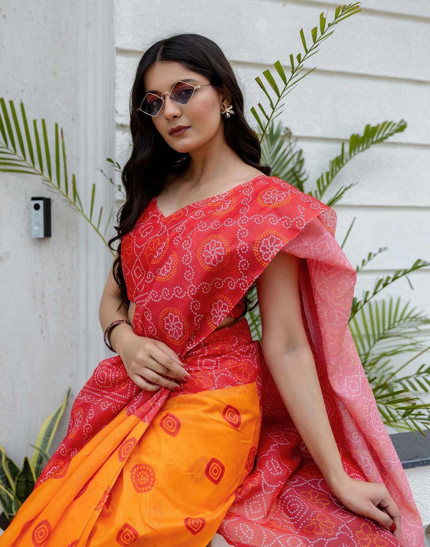 Ready To Wear Red Linen Printed Saree