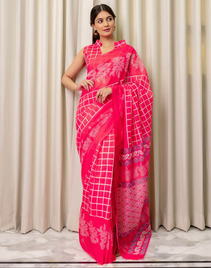Ready To Wear Coral Pink Linen Printed Saree